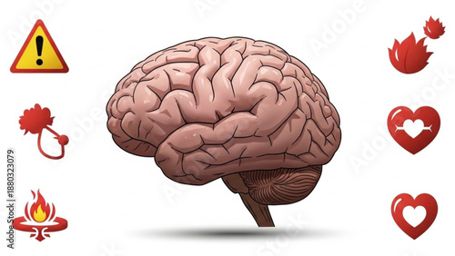 Brain with warning signs and heart symbols around it