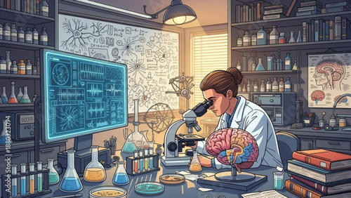 Scientist examines brain model under microscope in laboratory setting