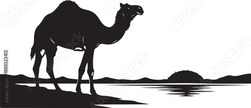 Silhouette of a camel standing by serene water landscape