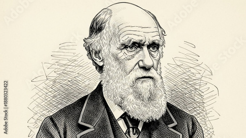 Portrait of charles darwin in a suit with a beard and serious