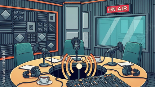 Radio studio with on air sign and podcast equipment setup