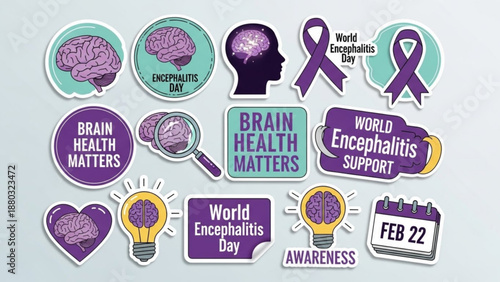 World encephalitis day brain health awareness stickers and icons