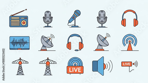 Broadcasting icons set including radio microphones and live