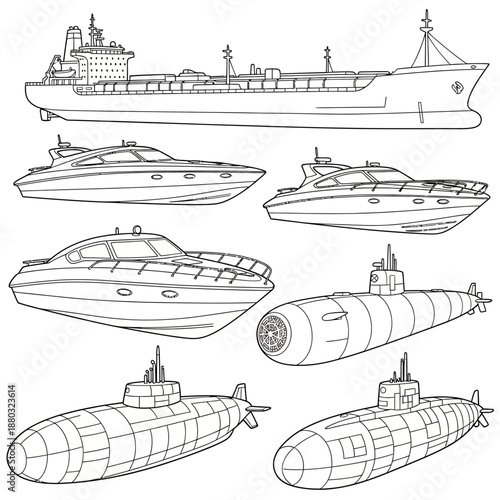 Various Submarines and Ships Illustrated from Multiple Viewpoints on a White Background