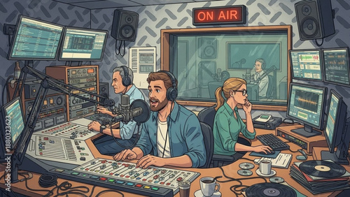 Radio hosts working in studio with soundboard and computers