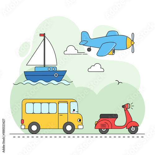 bus, scooter, boat, airplane, and clouds in a vibrant, stylized landscape viewed from the side