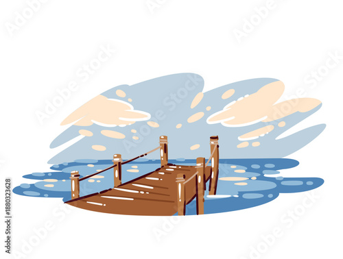 Wooden pier over ocean water with planked walkway, posts and ropes, calm sea surface, cloudy sky, coastal scene. Pier landscape design with bold outlines, cartoon vector illustration.