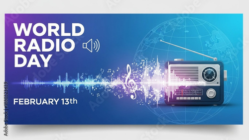 World radio day poster with vintage radio and sound wave