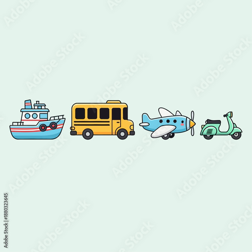 A collection of cartoon illustrations depicting various modes of transportation, including a boat, bus, airplane, and scooter.