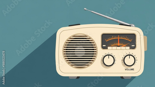 Vintage beige radio with antenna on teal background