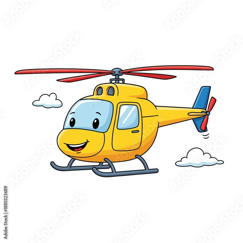 A cartoon yellow helicopter with red rotors flying amidst white clouds in a clear sky viewed from the side