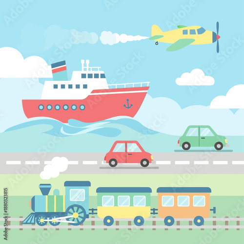 A vibrant cartoon scene depicting various modes of transportation including a ship, cars, train, and airplane in a serene landscape viewed from above.