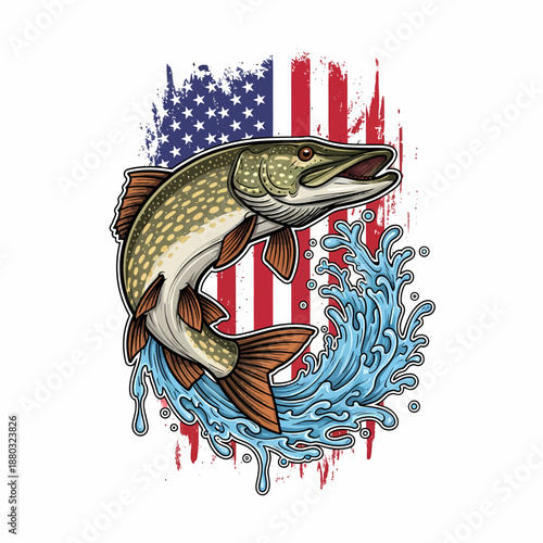 Northern Pike jumping with American flag and water splash background