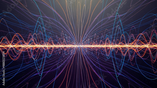 Vibrant sound wave with colorful energy lines on dark background