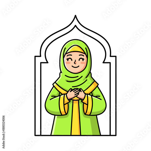 A cheerful Muslim woman wearing a vibrant green hijab and traditional attire smiles warmly, framed by an elegant arch, embodying peace and welcome.