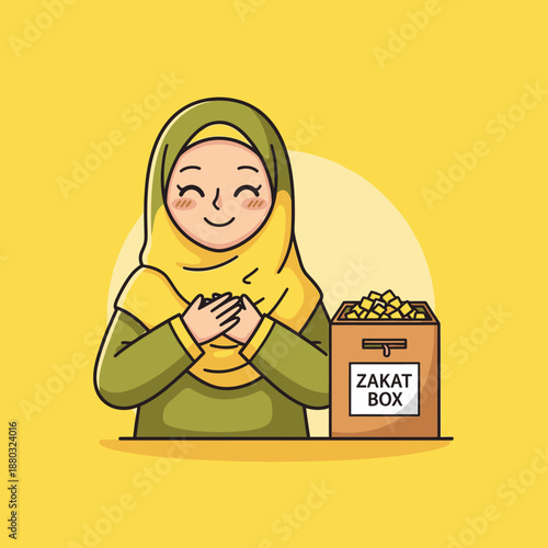 A joyful Muslim woman demonstrates her commitment to charity by contributing to a Zakat box, embodying the spirit of generosity and faith.