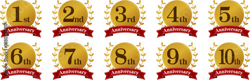 アニバーサリーのロゴ「1周年、2周年、3周年、4周年、5周年、6周年、7周年、8周年、9周年、10周年」
