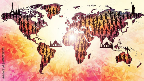 Global diversity map with people and landmarks in sunset colors
