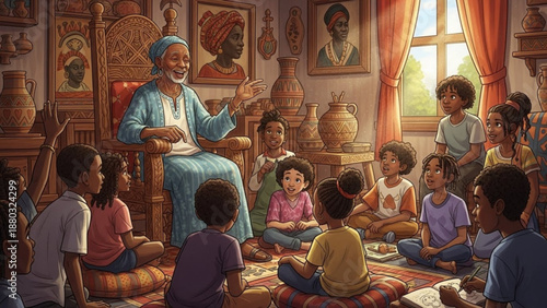 Elderly man teaches children in colorful room with artwork