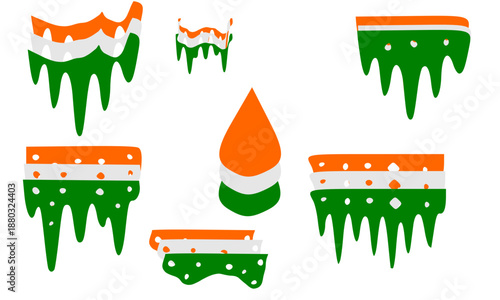 Creative Indian flag dripping shapes set, tricolor melting paint effect icons for Republic Day and Independence Day, saffron white and green patriotic graphic elements with speckled texture, icon