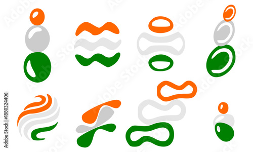 Abstract Indian flag color organic shapes set, saffron white and green fluid graphic elements for Republic Day and Independence Day, modern tricolor pebble and wave icons on white background