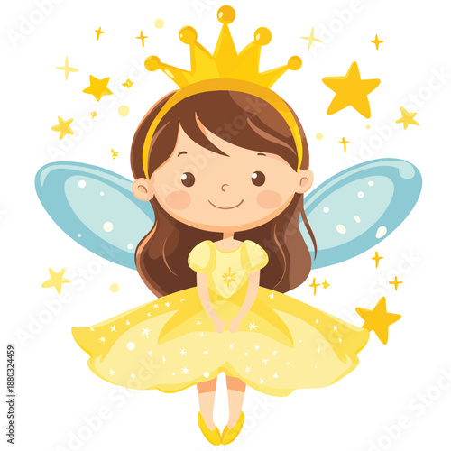 Cute cartoon fairy princess with golden crown , vector style simple color