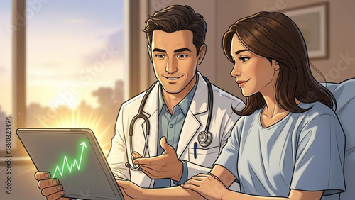 Doctor and patient reviewing medical chart on tablet in hospital room