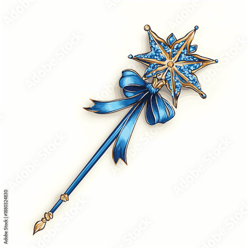 A whimsical magic wand adorned with a blue ribbon and star-shaped charm, perfect for imaginative play, storytelling, and creative adventures. , vector style simple color