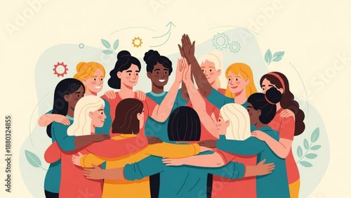 Diverse group of people high fiving in a circle of unity and support