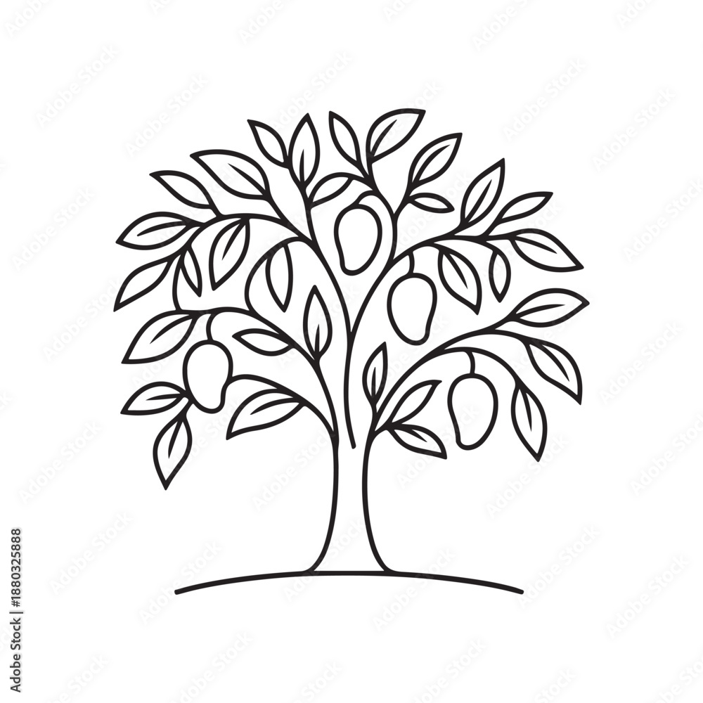 Obraz premium Minimalist Line Art of a Lush Mango Tree Laden with Ripe Fruit