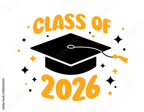 Class of 2026 Graduation greeting card, print, poster. Vector flat illustration. Black color academic cap and golden yellow 2026 number on white background. Simple mortarboard graduate symbol