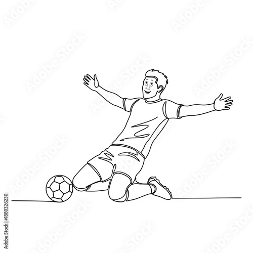 Continuous One Line Drawing of Soccer Player Celebrating a Goal Victory with Football