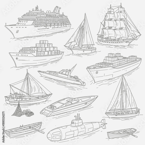Line drawings of various maritime vessels including cargo ship and tugboats in action on the water from a side viewpoint