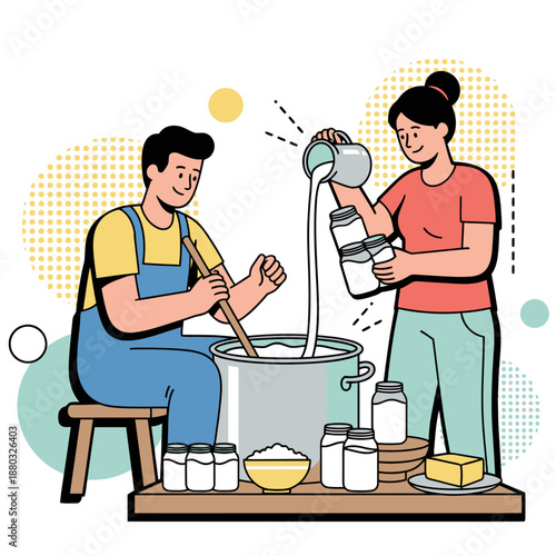 Farmers Processing Fresh Dairy Milk into Yogurt and Curd Products with Traditional Methods Storing Organic Butter and Cream in Glass Jars for Healthy Food Industry Flat Vector Illustration