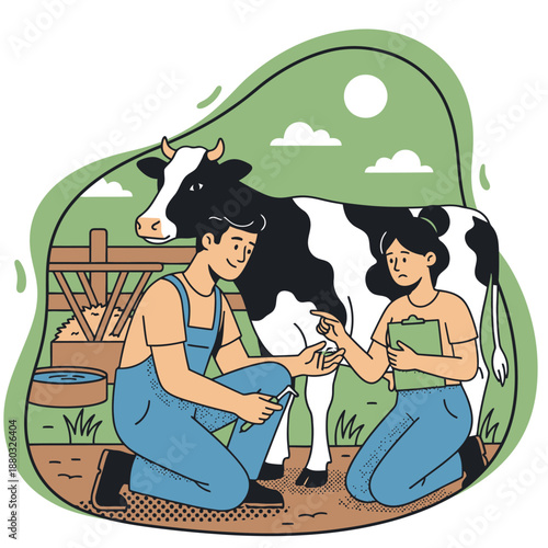Professional Livestock Care and Cow Rearing Services with Veterinarians Examining Dairy Cattle Health Using Clipboard and Tools in Flat Vector Illustration Style for Agriculture Industry