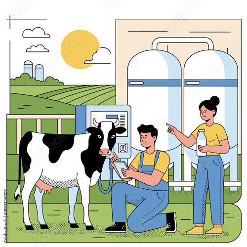 Modern Dairy Farm Technology with Farmers Monitoring Cow Health and Milk Production Using Digital Tablet and Industrial Processing Equipment in Flat Vector Illustration Style
