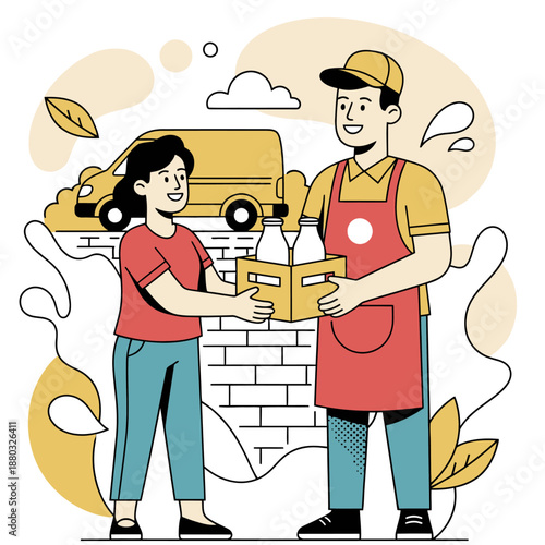 Fresh Milk Delivery Service with Courier Handing Milk Bottle Crate to Customer at House Doorstep with Delivery Van in Background Flat Illustration