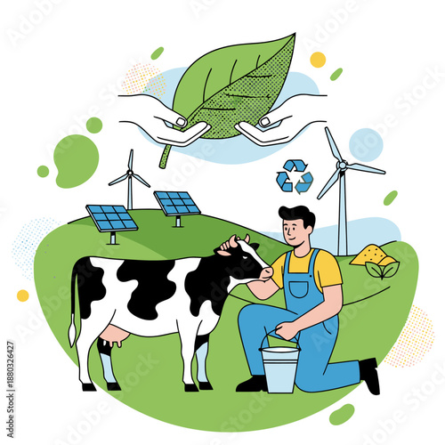 Eco-Friendly Dairy Farming with Farmer Caring for Cow on Green Meadow with Solar Panels and Wind Turbines Representing Sustainable Renewable Energy in Agriculture Flat Illustration