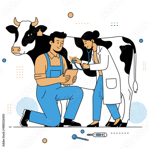 Cow Health Management with Veterinarian Using Stethoscope on Dairy Cow and Farmer Monitoring Medical Data on Digital Tablet on Organic Farm Flat Illustration