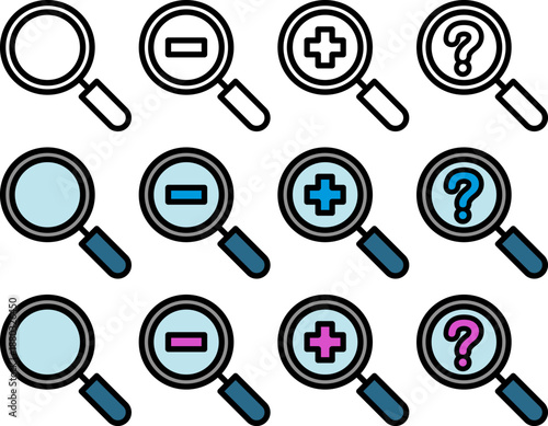 虫眼鏡アイコンの拡大・縮小・クエスチョン。（Magnifying glass icon zoom in, zoom out, question.）
