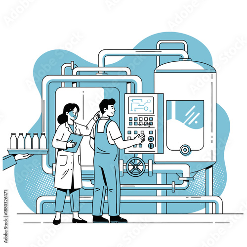 Modern Dairy Processing Plant with Engineer and Scientist Monitoring Milk Pasteurization and Bottling Using Industrial Machinery and Control Panel Flat Illustration