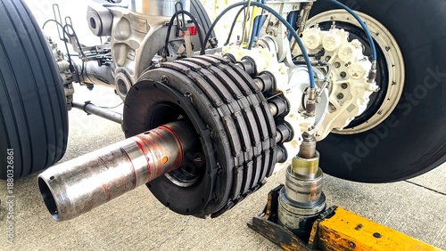 Close-up view of a wide-body aircraft landing gear raised on hydraulic jacks during maintenance, with one wheel removed to reveal the brake assembly, showcasing aviation engineering and heavy aircraft