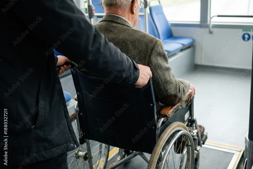 Obraz premium Elderly Man in Wheelchair Assisted onto Public Bus by Kind Helper with wheelchair, accessibility, man, senior, bus, disabled, elderly