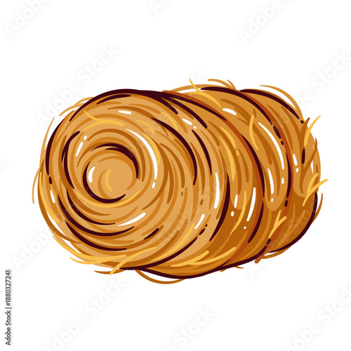 Hay bale with round spiral texture, straw roll for farm and rural scene, agriculture element, countryside symbol, harvest material, traditional village object, cartoon vector illustration.