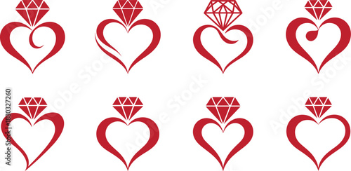 Collection of various red heart shape with a diamond on top clip art, smooth, flowing lines, love concept, symbolizing love and luxury, vector illustration.