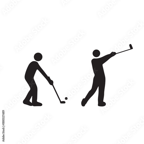 Golf Player Silhouette Icon Set Isolated on White Background. Vector Illustration of Male Golfer Swinging Club and Hitting Ball. Minimalist Sports Character Symbols for App and Web Design.