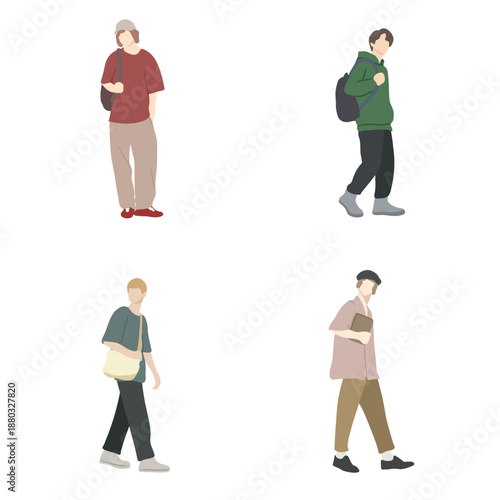 Vector Set of Casual Young Men Walking and Standing. Minimalist Flat Illustration of People in Trendy Outfits Isolated on White. Male Characters Collection for Architectural Collage.