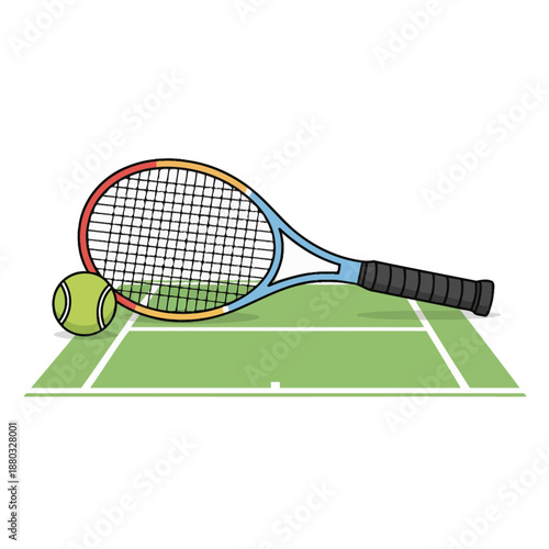 Professional tennis equipment with racket and ball on grass