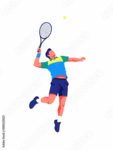Athletic tennis player jumping for powerful overhead smash