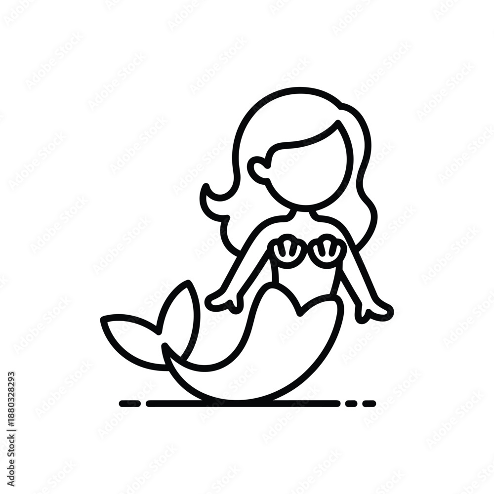 Fototapeta premium Cute Mermaid Line Icon Illustration Isolated on White Background